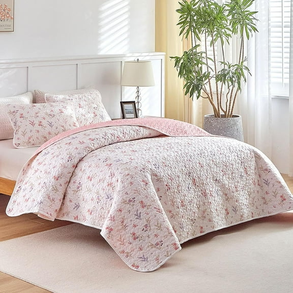 2pcs Cotton Quilt Set for Girls, Twin Size Pink Flowers Floral Design, Cozy Lightweight Quilt Bedspread Bed Cover for All Season