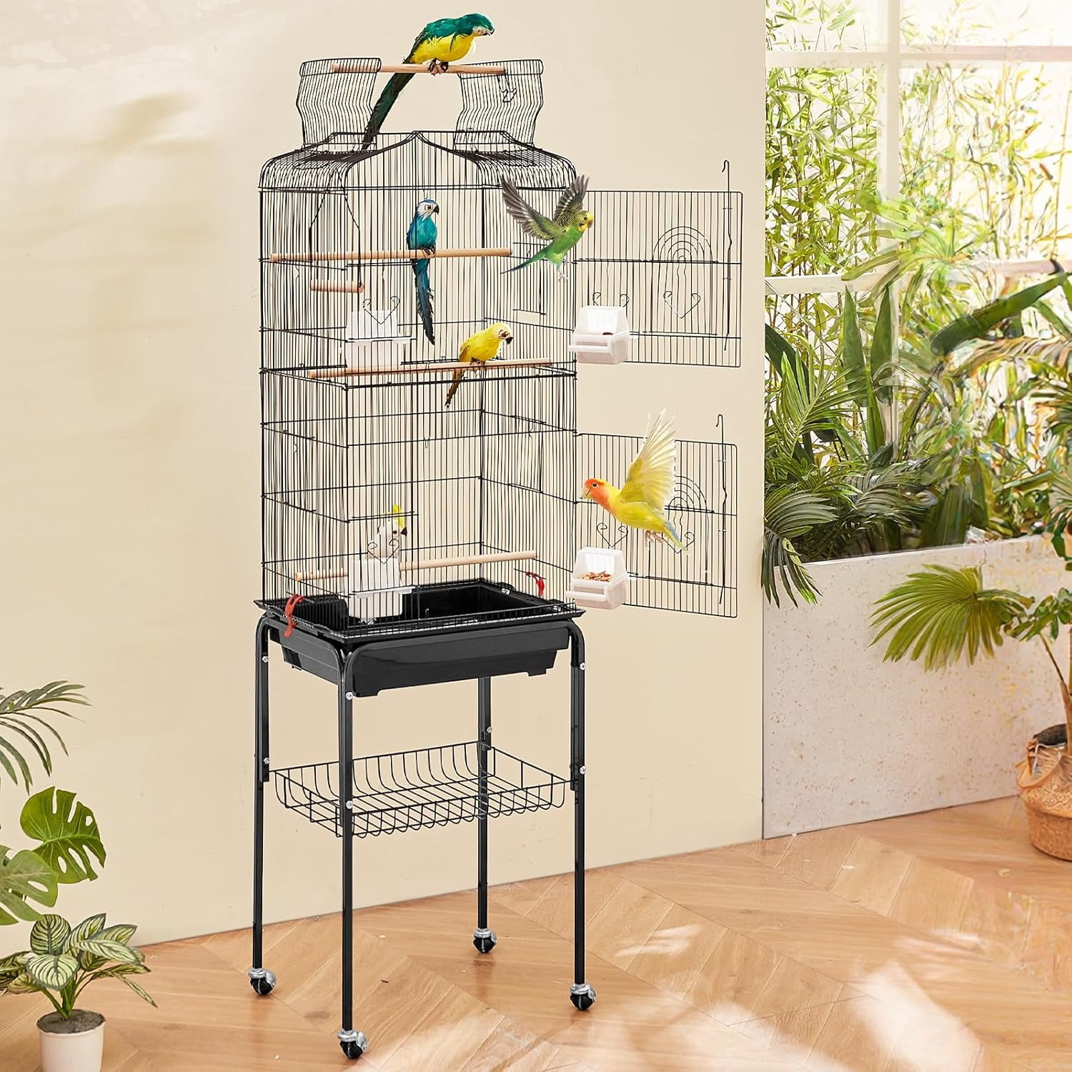 64-inch Open Top Large Parrot Bird Cage with Detachable Rolling Stand for Parakeets Finches Canaries Lovebirds Cockatiels Budgies Small Quaker Conures Flight Birdcage with Swing and Perch