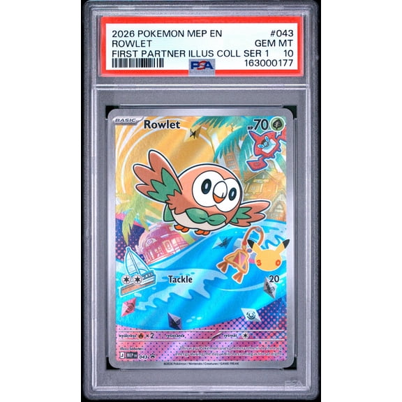 Collectible 2026 Pokemon Black Star Promo Mega Evolution First Partner Illustration Collection Series 1 Rowlet #043 PSA 10