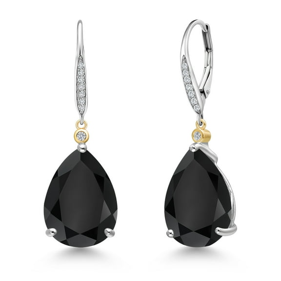 Gem Stone King 925 Silver and 10K Yellow Gold Black Onyx and White Lab Grown Diamond Dangle Earrings for Women | 14.77 Cttw | Gemstone December Birthstone | Pear Shape 16X12MM