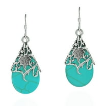 Floral Vine Ornated Teardrop Simulated Turquoise .925 Sterling Silver Earrings
