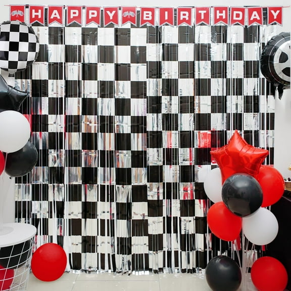 Race Car Birthday Party Decoration, Including KKS1 2 Pack Checkered Streamers, 22pcs Race Car Party Balloons & 1pcs Race Car Birthday Banner for One Happy Dude Race Car Theme Party Supplies