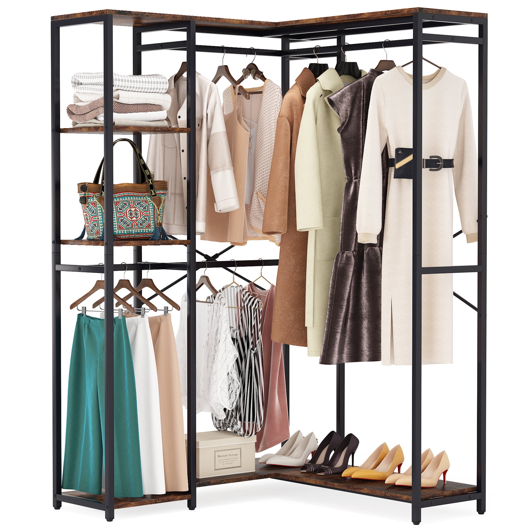 L Shaped Clothing Rack Freestanding Closet Organizers with Storage Shelves  and 4 Hanging Rods, 47.24 L x 47.24 W x 78.74 H - On Sale - Bed Bath &  Beyond - 35729396