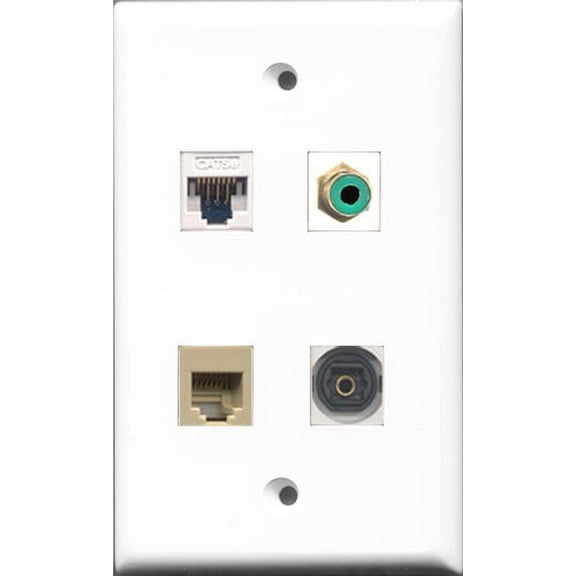 RiteAV 1 Port RCA Green and 1 Port Phone RJ11 RJ12 Beige and 1 Port Toslink and 1 Port Cat5e Ethernet White Wall Plate