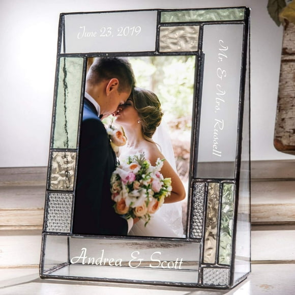 Cadre Photo de Mariage Cadeau Personnalisé pour Couple Gravé Vert Jaune Verre Souvenir de Table J Devlin Pic 430 EP619 (4x6 vertical)