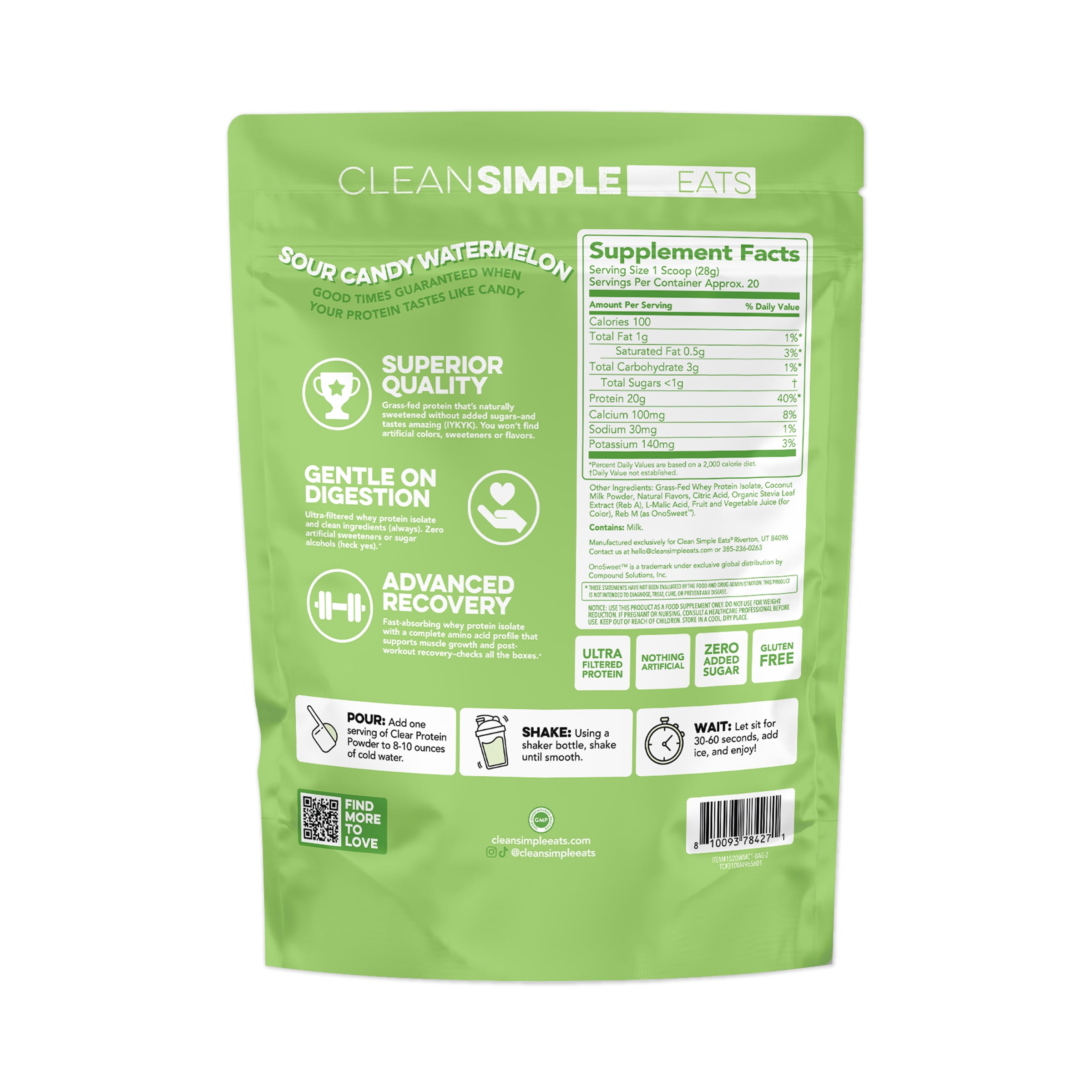 Clean Simple Eats Whey Sour Candy Watermelon Clear Protein Powder, Zero Added Sugars, No Artificial Ingredients, Gluten Free, 20 servings