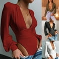 thumbnail image 4 of Women Vintage Puff Long Sleeve Bodysuit Sexy Plunge Deep V-Neck Solid Color Leotard Bodycon High Cut One-Piece Jumpsuit, 4 of 19