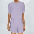 thumbnail image 3 of Scyoekwg Summer Vacation 2 Piece Outfits for Women Short Sleeve Round Neck Tops Shorts Casual Solid Color Sweatsuits Sets Loose Trendy Tracksuit Matching Sets (Purple,XXL), 3 of 6