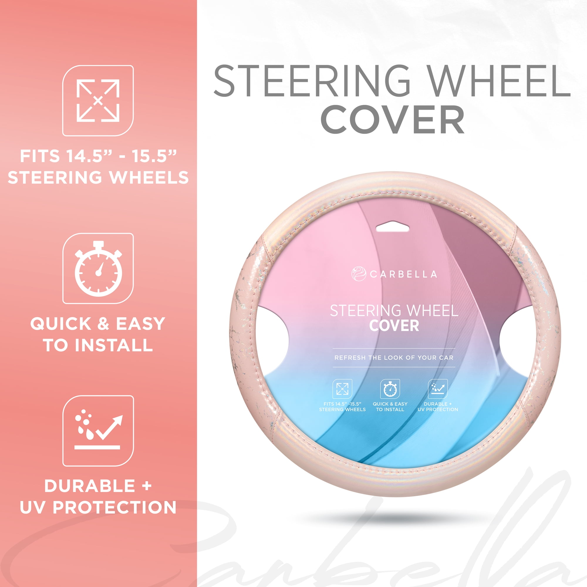 Pink Holo Bling Steering Wheel Cover, Standard 15 Inch Size Fits Most Vehicles, Cute Shiny Crackle Car Steering Cover with Holographic Foil Glitter Like Detail, Car Accessories for Women