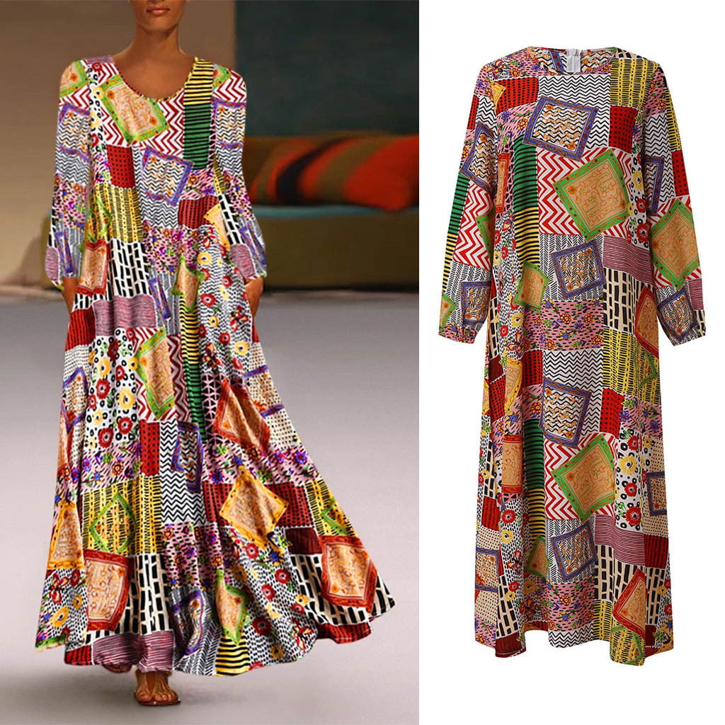 Women Vintage Floral Print Patchwork Dress Long Sleeve ONeck Loose Maxi Dresses 