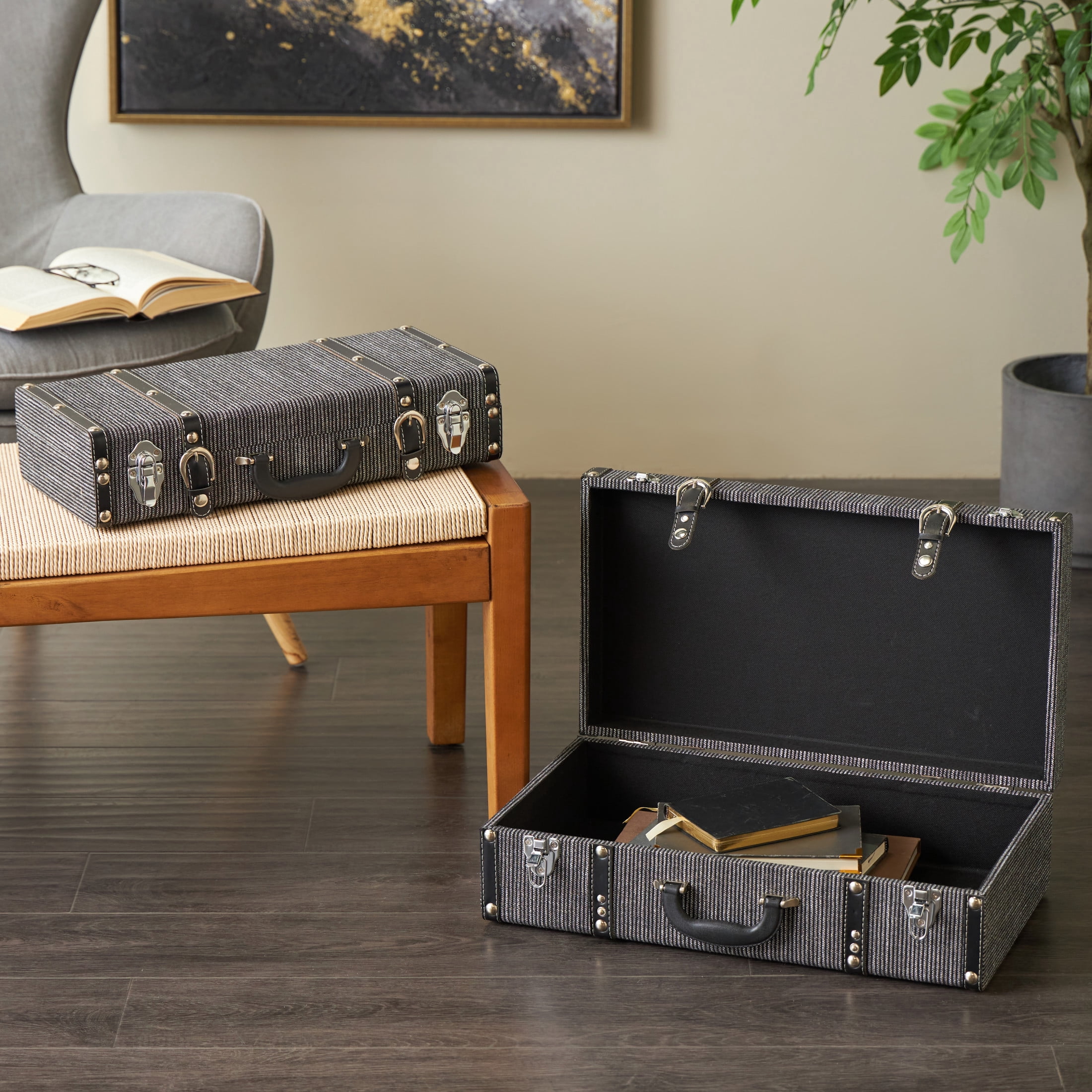 DecMode 21" x 7" Black Fabric Woven Storage Trunk with Silver Latches and Buckles, 2-Pieces