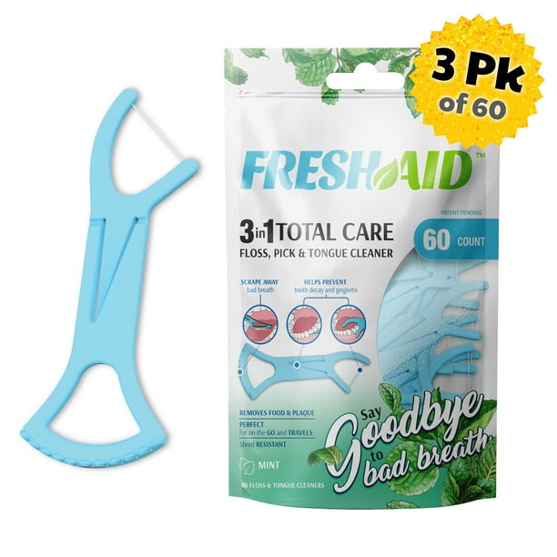 Fresh Aid - 3-in-1 Floss Pick and Tongue Scraper (3PK) | No Break Floss and Toothpick, Best Disposable Tongue Scraper, Total Oral Dental Care for ...