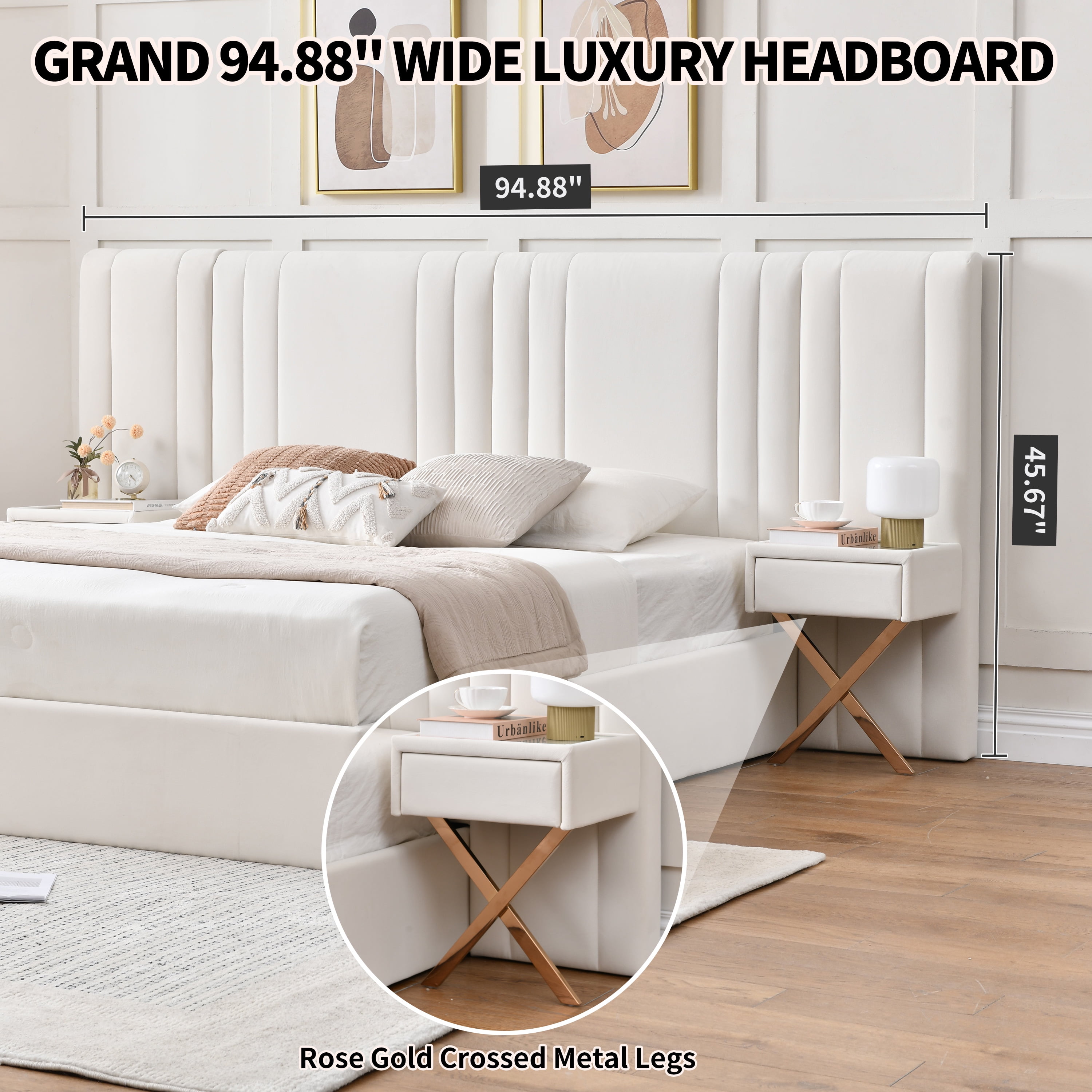 Queen Upholstered lift up Storage Bed Frame with Oversized Headboard, Built-in Nightstands and Wood Slat Support, No Box Spring Needed, Cream