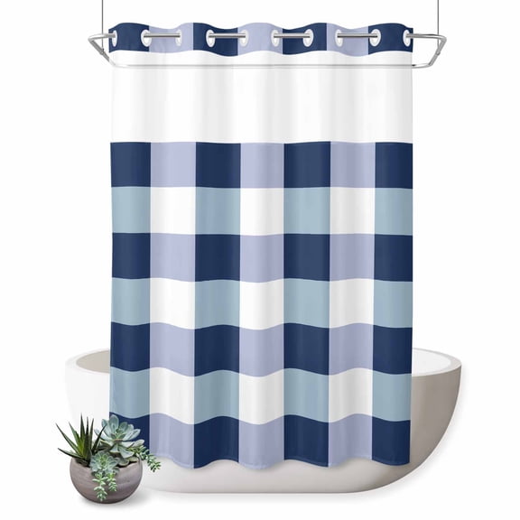 No Hook Shower Curtain with Built-in Rings - Navy Blue White Plaid Washable Waterproof Fabric Bathroom Curtains for Hotel,Rentals, 72X 96 Inch Extra Long , Checkerd Pattern