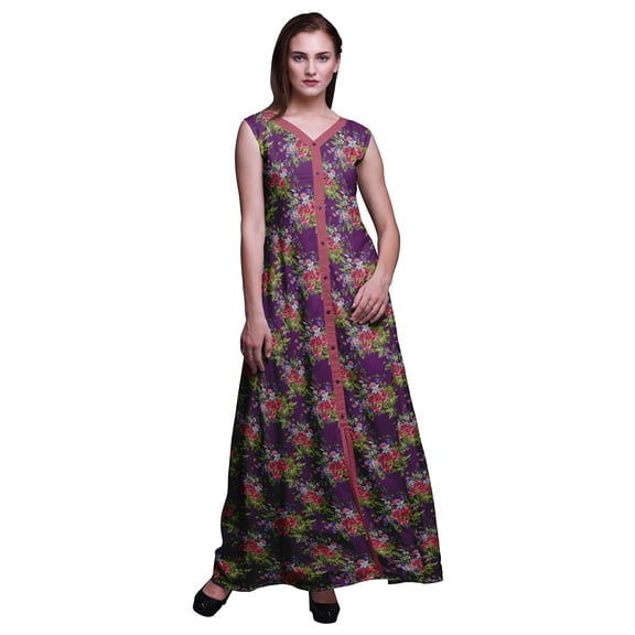 Bimba Floral Women V Neck Sleeveless Front Slit Casual Maxi Printed Boho Dress-X-Small