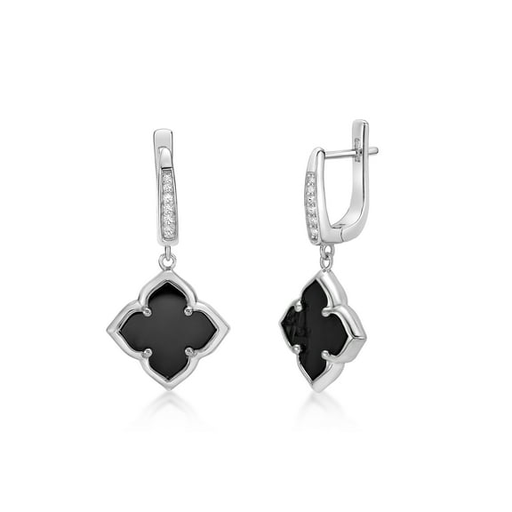 Black Onyx Four Petal Flower Dangle Earrings for Women with Cubic Zirconia in 925 Sterling Silver by Lavari Jewelers
