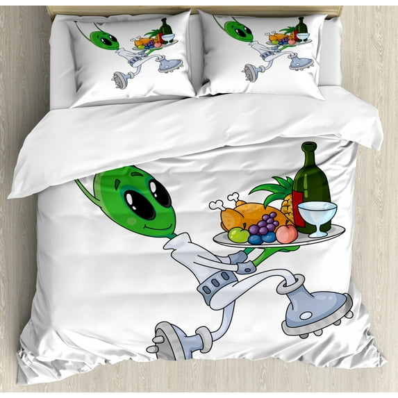 Science Party Duvet Cover Set King Size, Cartoon Style Happy Alien Sketch Holding Serving Tray to a Feast, Decorative 3 Piece Bedding Set with 2 Pillow Shams, White and Multicolor, by Ambesonne