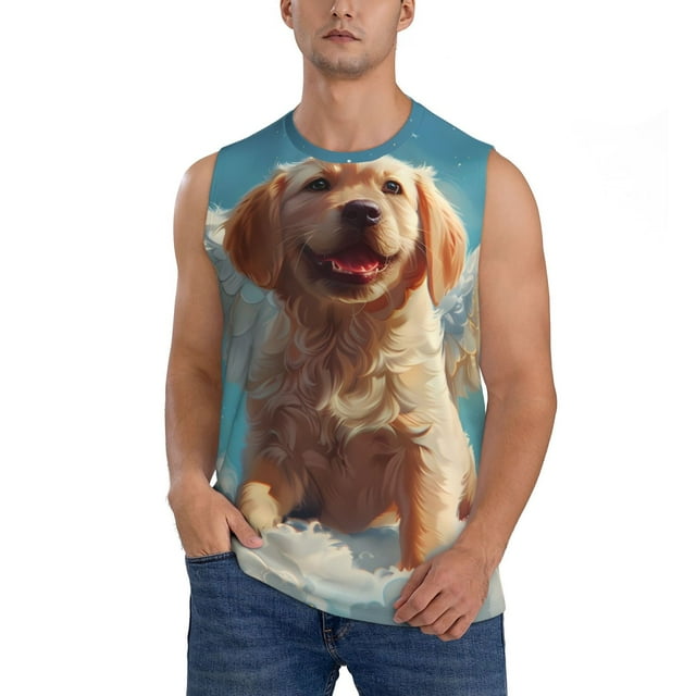 Fotbe Cute Angel Winged Dog Men's Camiseta sin Mangas Estampada para Hombres, Playera Casual para Gimnasio, Entrenamiento, Playa-X-Large