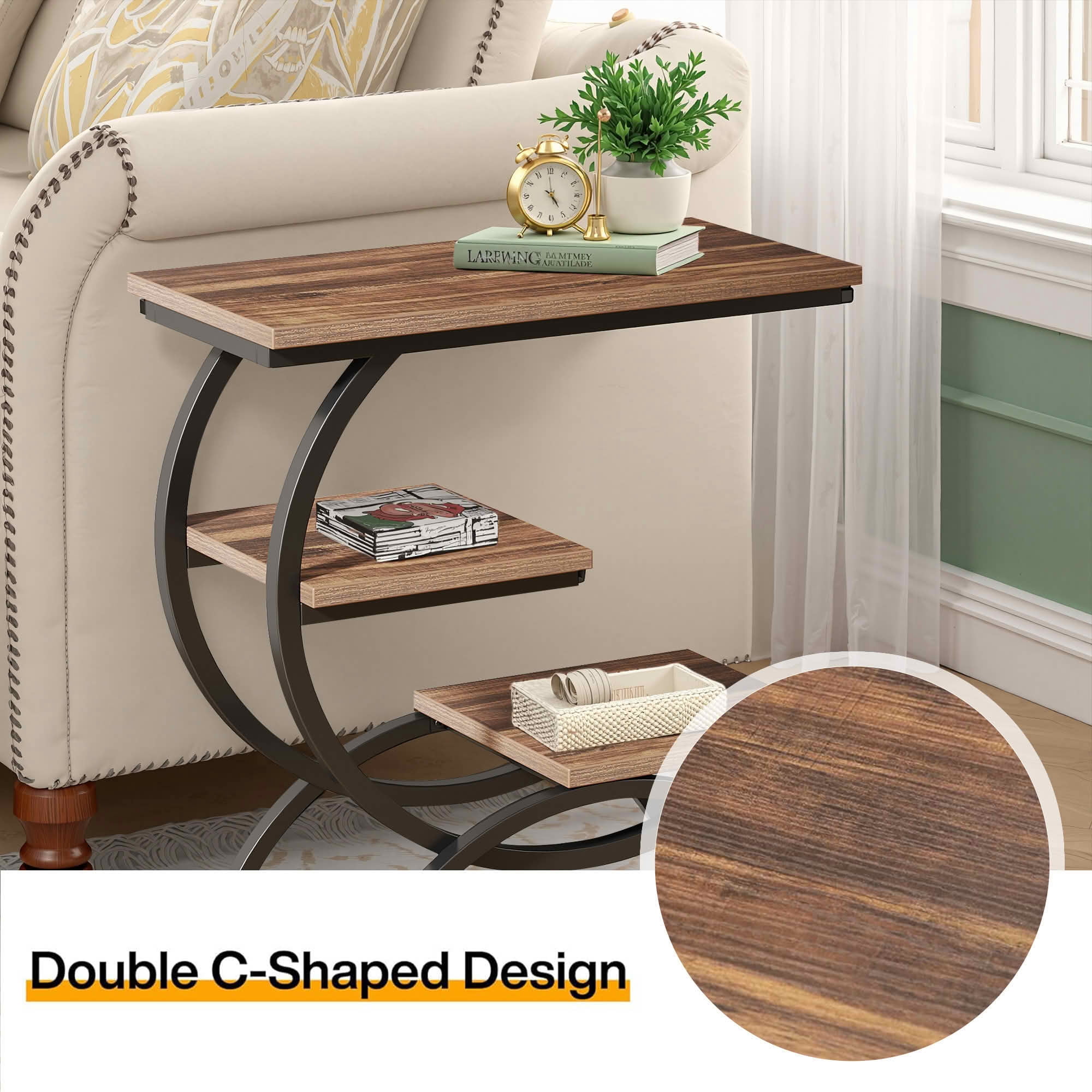 MAYEERTY C-Shaped 3-Tier Industrial End Table, Rustic Brown Particle Board Black Metal Frame Adjustable Feet Small Space Side Table