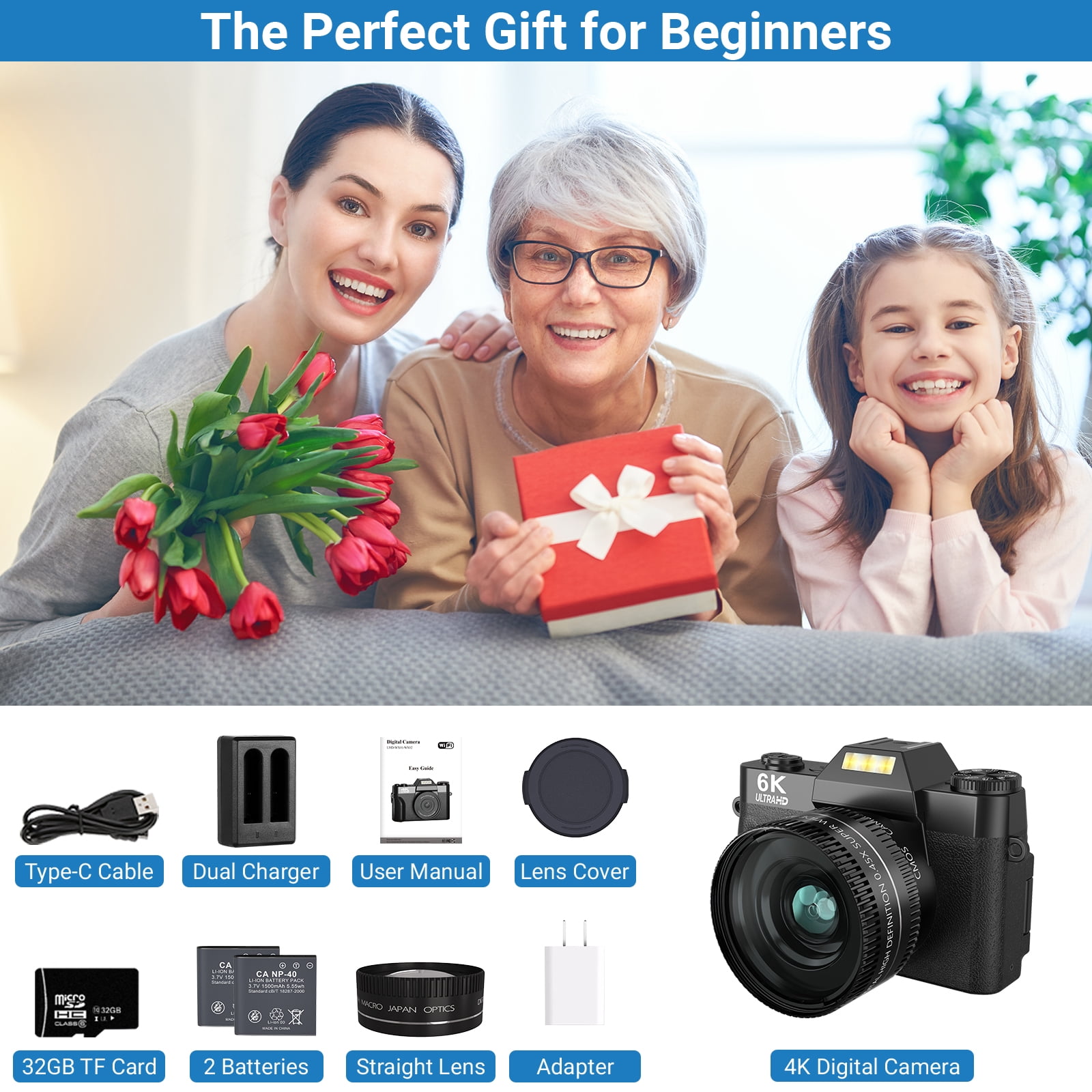 Saneen Digital Camera 6K 64MP Wifi Vlogging Cameras for YouTube 3''180° Flip Screen 16X Zoom 32GB SD Card 52mm Lens Black