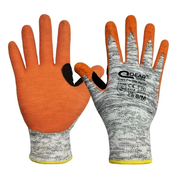 Blade Cut Resistance 5 Work Safety Gloves, ISO 13997 Cut D, HPPE/GlassFiber Yarn Knitted Liner, Palm Orange Sandy Nitrile Rubber Coated for Abrasion, Grip, Breathable and Hi-visibility