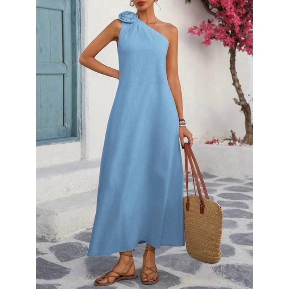 Blue Womens Loose Casual Resort Maxi Dress With One Shoulder And 3D Floral Decor