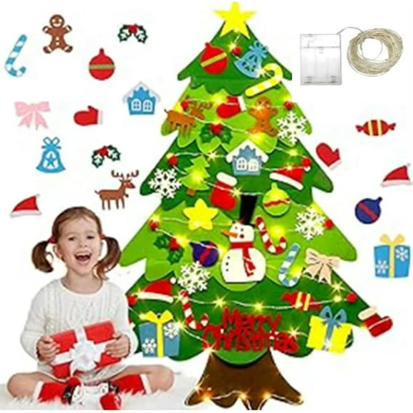 Toddler Christmas Tree,Toddler Felt Christmas Tree,Montessori Christmas Tree for Toddlers,DIY Felt Christmas Tree Set with 32pcs Ornaments Wall Hanging Tree and 3M Lights