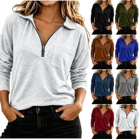 Jsaierl Women's Lightweight Sweatshirts Casual 1/4 Zip V Neck Sweatshirt Pullover Holiday Comfort Long Sleeve Tops Fall Clothes S-2XL
