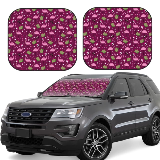 Fotbe Festive Flamingos Juego de 2 Piezas de Parasoles para Parabrisas | Bloqueador Solar para Auto | Accesorios Plegables para Protección Solar Interior-Large