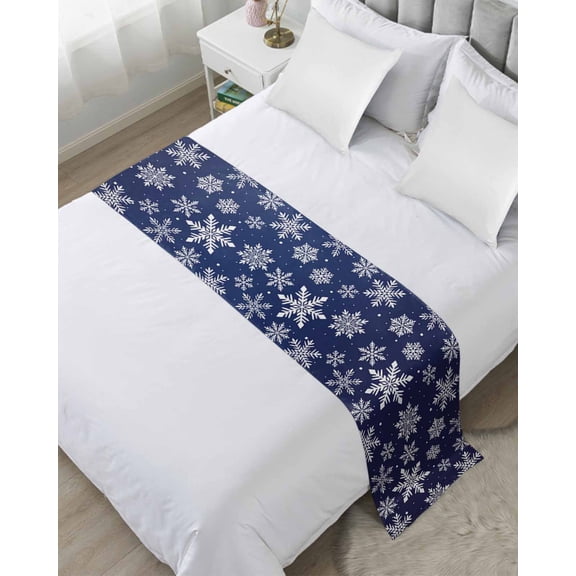 Bed Runner Scarf Queen Size, Navy Blue Snowflake Christmas Stain Bed Runners & Scarves for Foot of Beds, Winter Xmas Snowflakes Decorative Bedding Runner Scarf for Hotel Home Bedroom