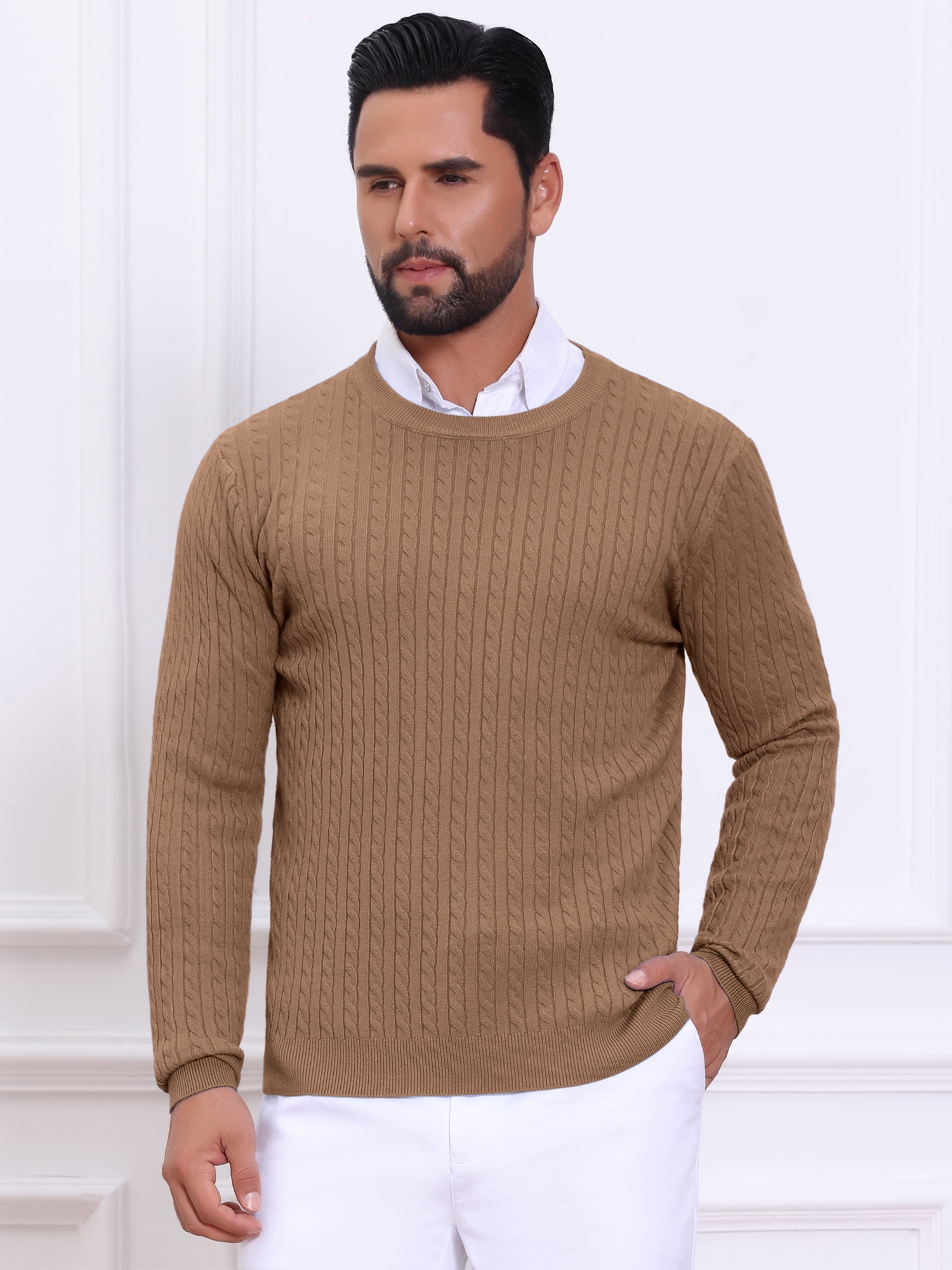 DARING DIVA Men's Crew Neck Long Sleeve Soft Cable Knit Pullover Sweater M Brown
