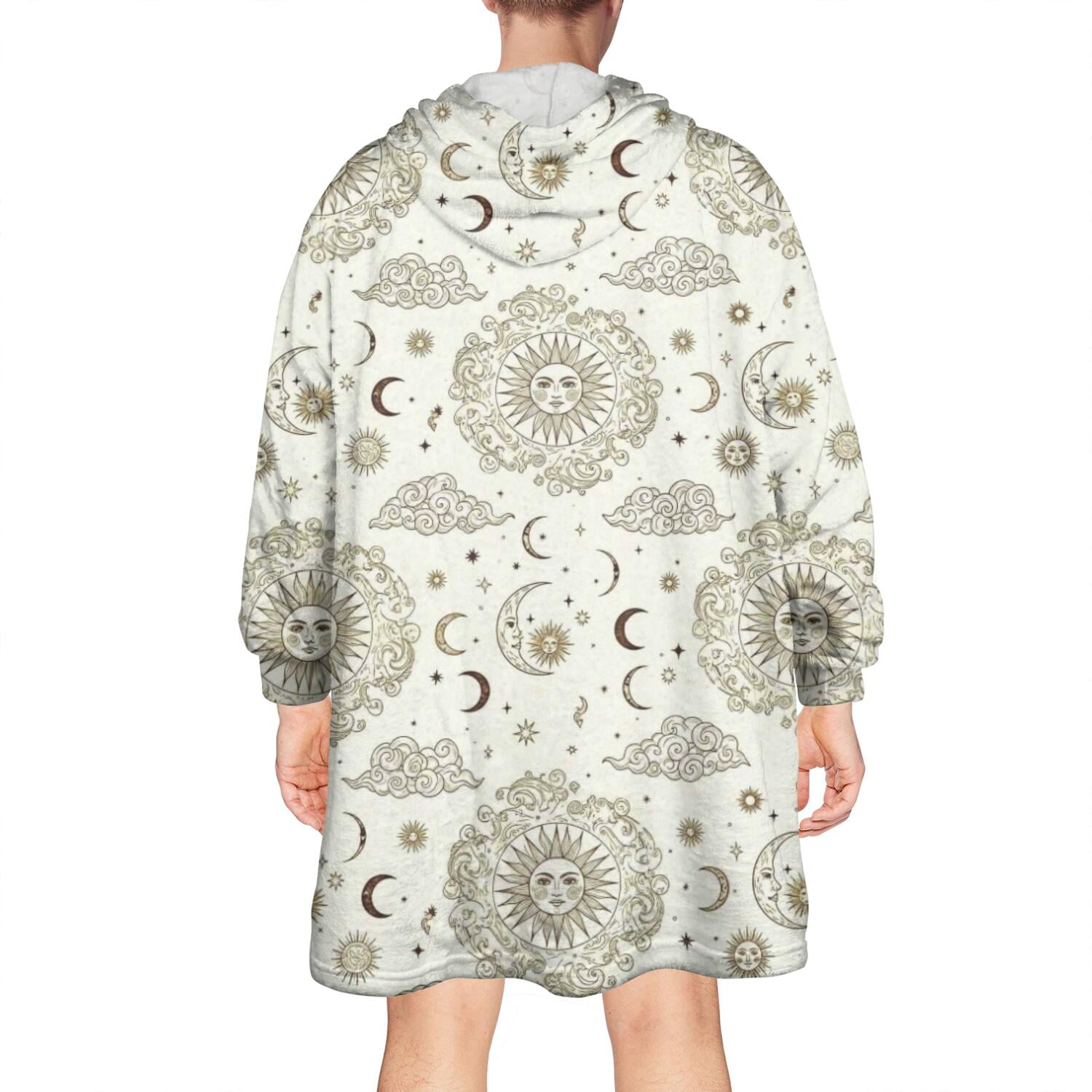 Wearable Oversized Blanket,Beige Sun Moon Cloud Star Pattern Wearable Blanket Hoodie for Adults,Cozy Hooded Blankets with Super Pockets,Super Warm Fuzzy Pullover for Women & Men