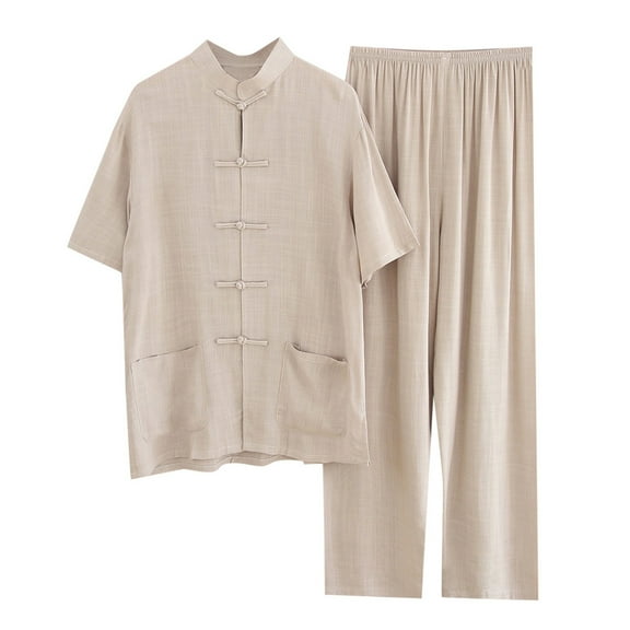Dpytoraw Men's Cotton And Linen Set 2 Piece Clothing Shirt Casual Set Long Sleeved Long Pants Set Chinese Sty Le Home Clothing