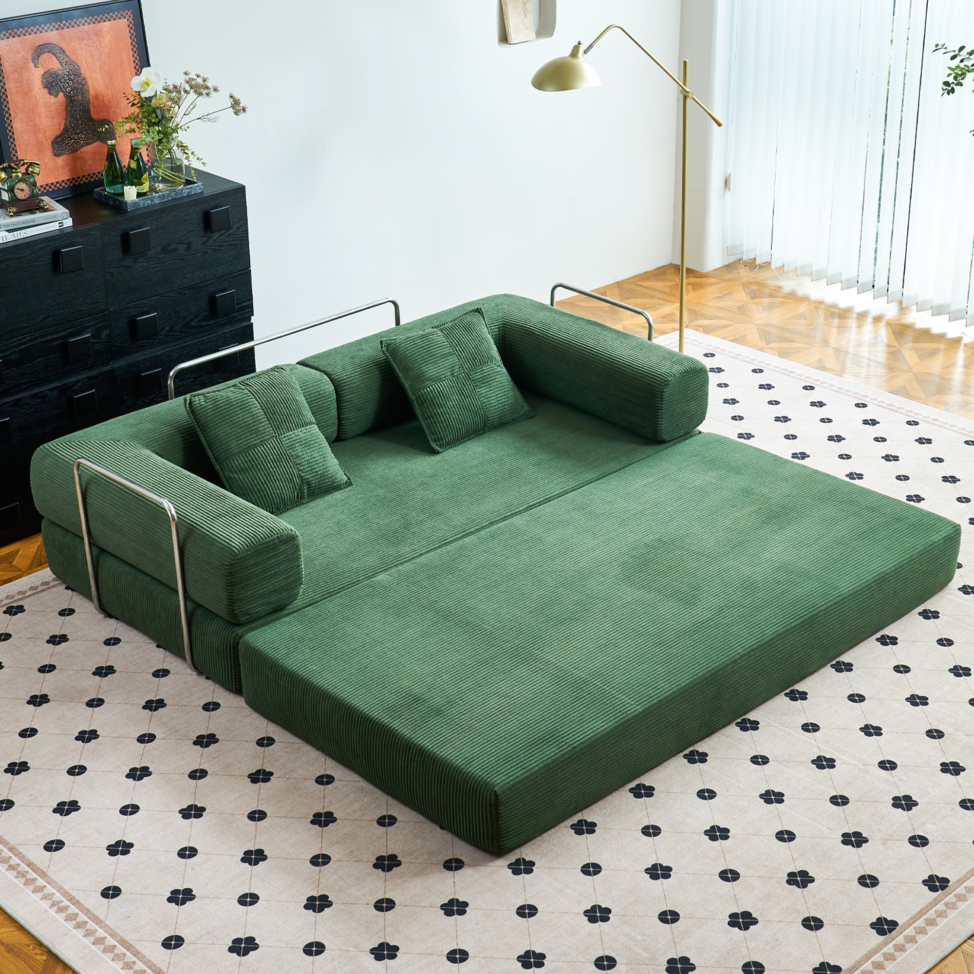 YINIX 81.6"  Convertible Sleeper Sofa Bed with 2 Pillows, Removable Floor Sofa Couch for Living Room Small Spaces, Green