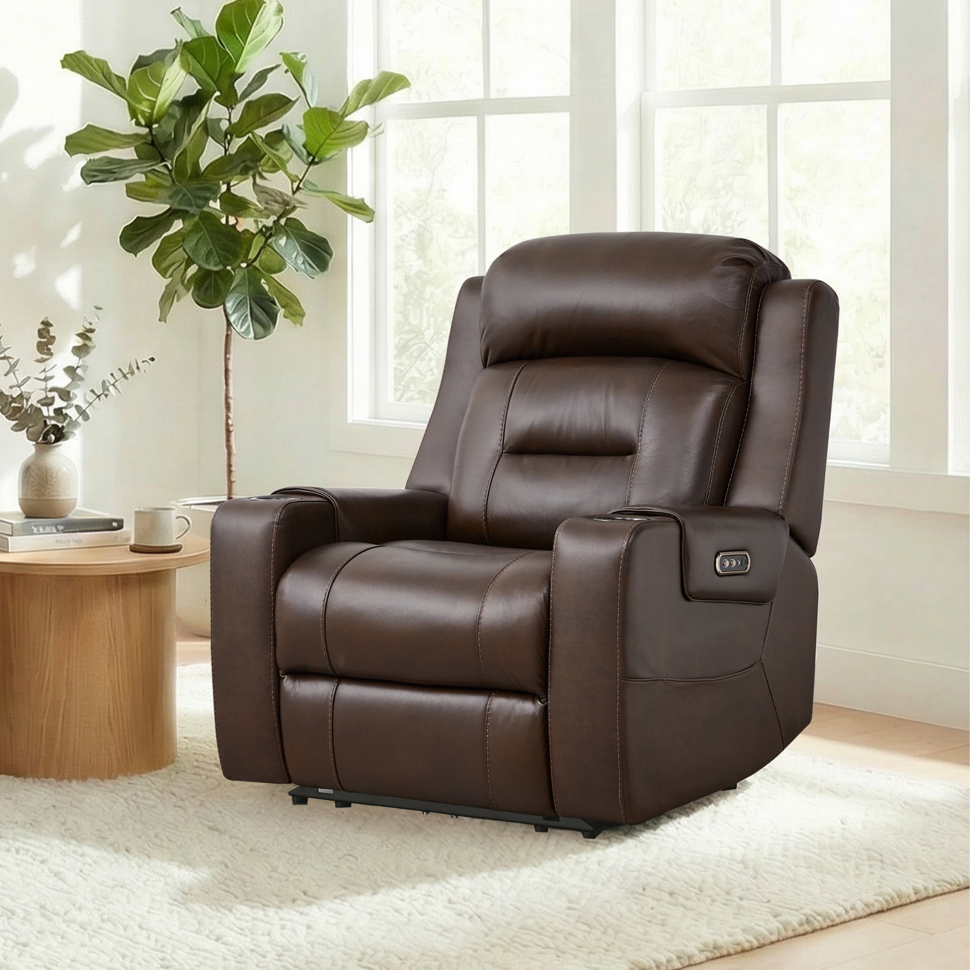 Spruce & Spring Lay-Flat Genuine Leather Power Recliner Chair with Headrest, Brown