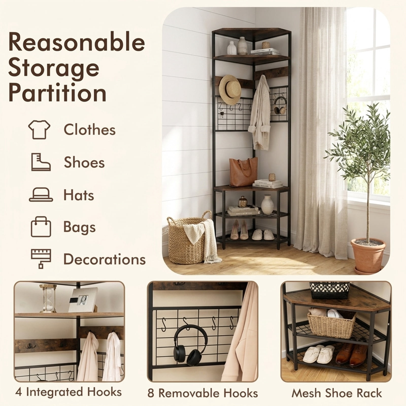 Furnibear 5 Tier Corner Hall Tree with Shoe Storage Bench and Coat Hooks for Entryway and Hallway and Bedroom, Rustic Brown
