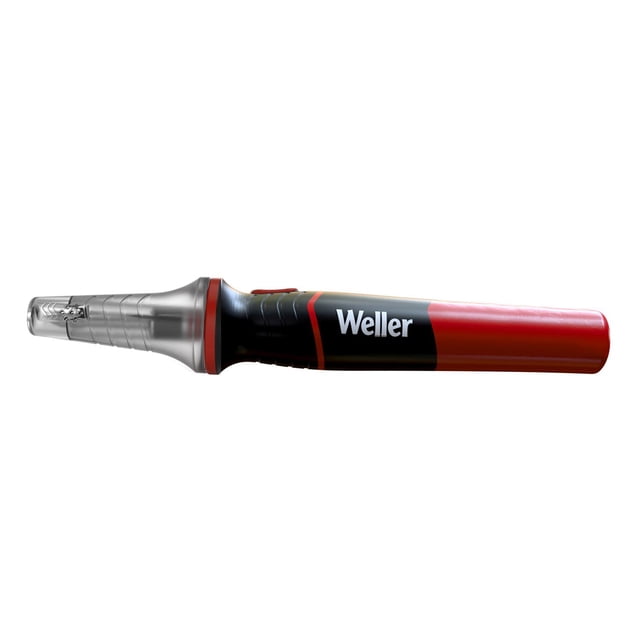 cautín recargable de 12 watts con baterías de litio weller weller wlbrk12-wel rojo, vista lateral centrada del cautín portátil con cuerpo cilíndrico rojo y negro y logo Weller, punta metálica intercambiable visible, luz LED para mayor visibilidad y conector USB para recarga rápida; también suele usarse para soldadura pequeña y reparaciones DIY ligeras.