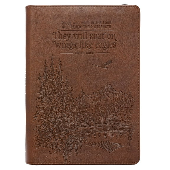 Classic Faux Leather Journal Soar Wings Like Eagles Isaiah 40:31 Bible Verse Brown Inspirational Notebook, Lined Pages w/Scripture, Ribbon Marker, Zipper Closure