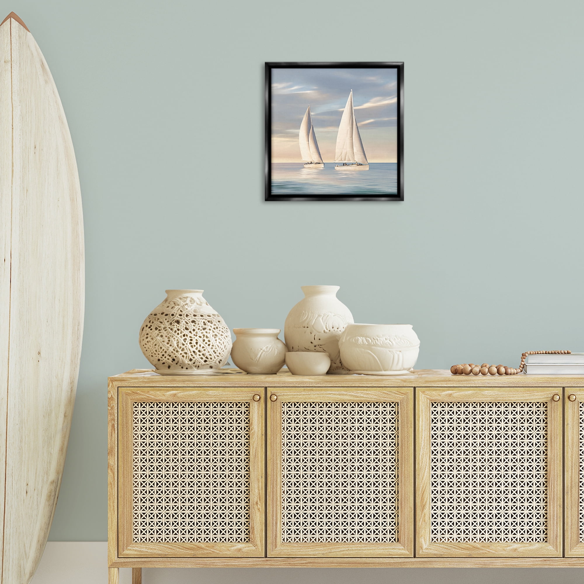 Stupell Industries Two Mighty Sailboats Transportation Painting Black Floater Framed Canvas Art Print Wall Art, 18 x 18