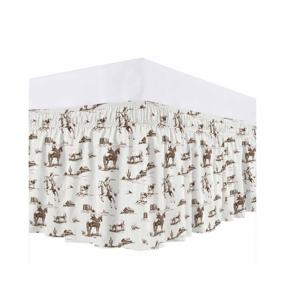 Western Cowboy Bed Skirt Retro Brown Desert Ethnic Horse Bed Skirts Queen Size 16 Inch Drop, Wrap Around Dust Ruffle Bedskirt with Adjustable Elastic Belt for Queen Size Beds