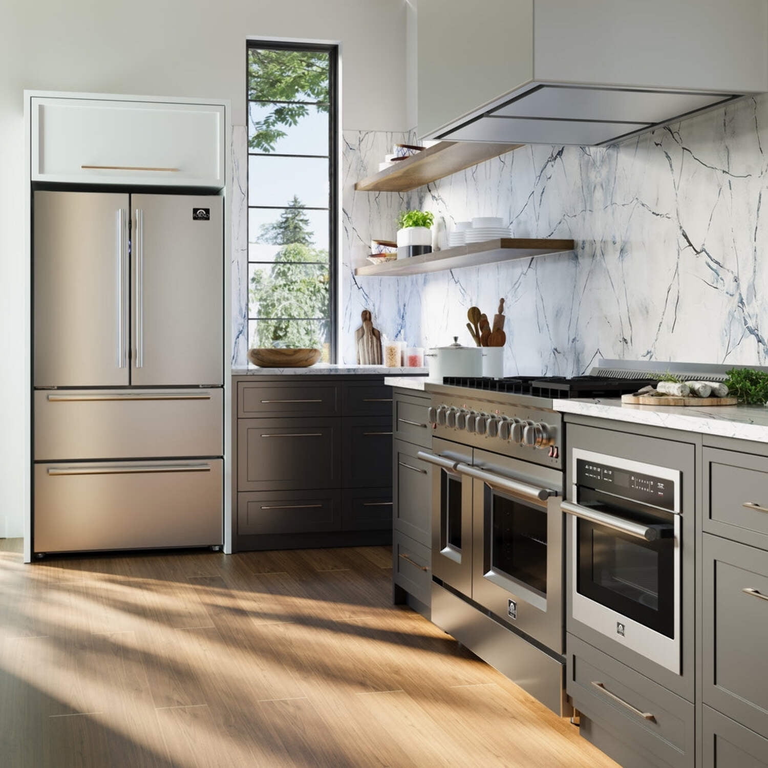 FORNO Premium 3-Piece Kitchen Bundle - Galiano 48" Freestanding Gas Range, Rizzuto 60" W. Dual Combo Convertible Refrigerator, 48" Wall Mount Range Hood
