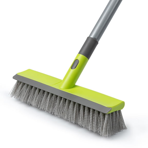 All surface floor scrub brush with squeegee, heavy duty deck brush for concrete, tile, garage, patio, kitchen, bathroom, carpet, 57 inch long, green