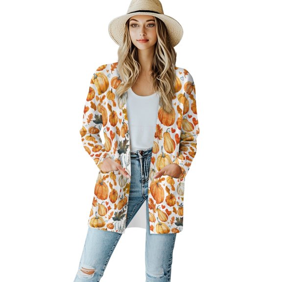 SCRAWLGOD Pumpkins Cardigan Jacket for Women Lightweight Graphic Sweatshirts Size S Long Sleeve Ladies Cardigan Stretchy Womens Sweater Jacket for Thanksgiving Fall