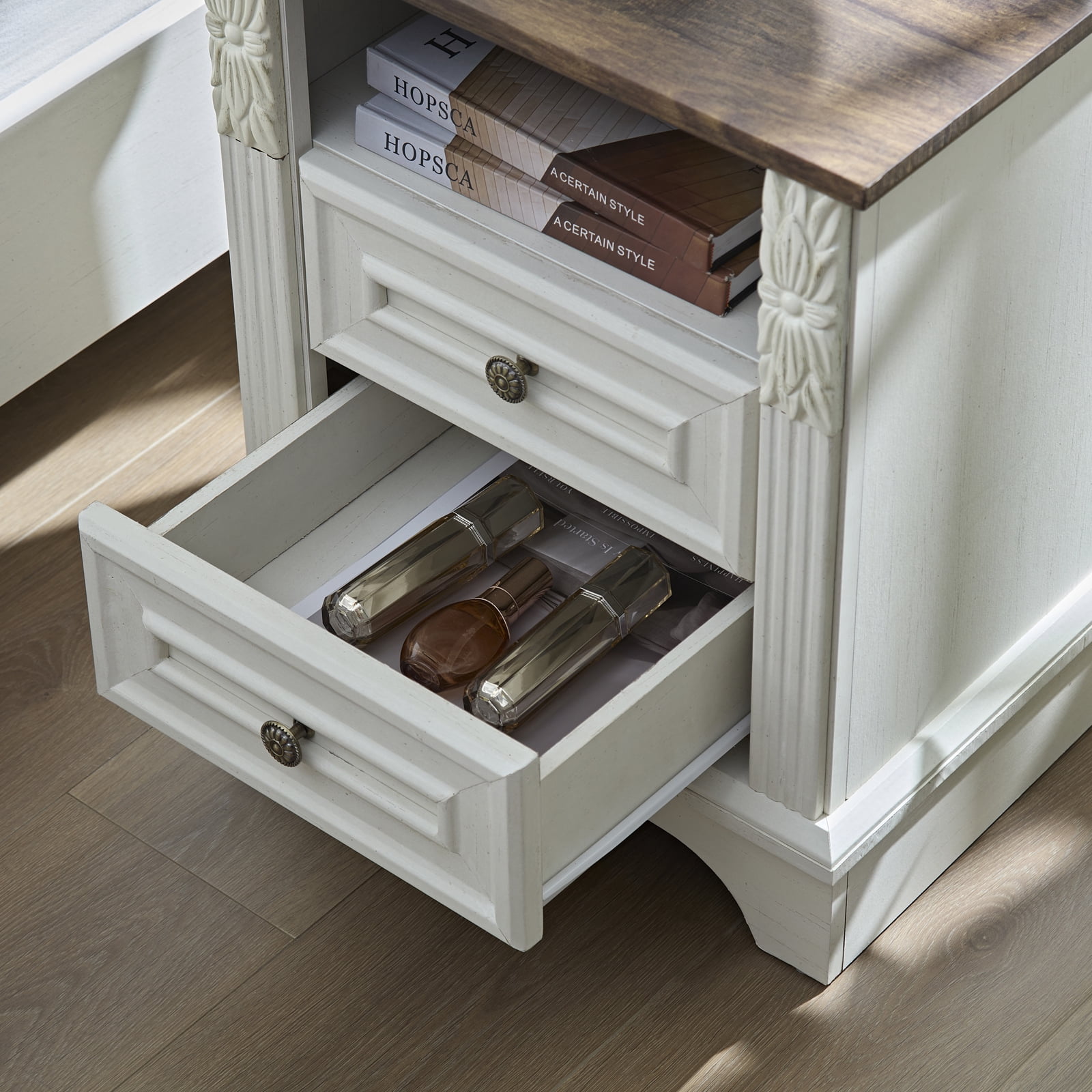 BOSHIRO Farmhouse Side Table with Charging Station, 2 Drawer Nightstand for Bedroom, Carved Design, Antique White