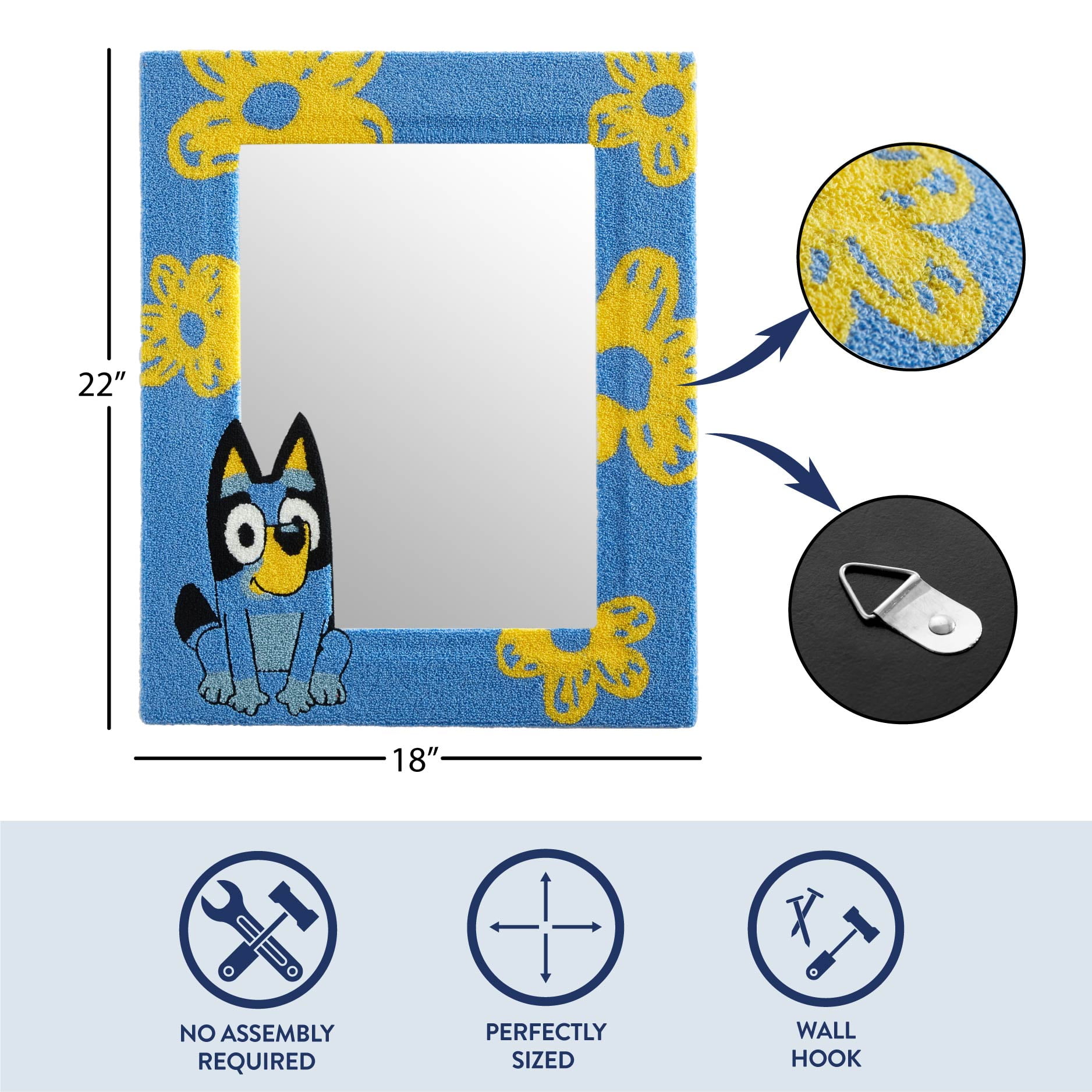 Bluey Wall Mirror, Tufted Design, 18" x 22", for Kids and Teens