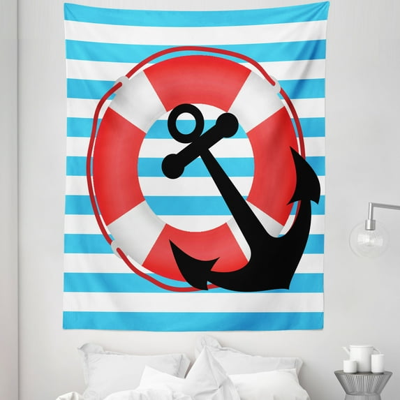 Anchor Tapestry, Blue Striped Backdrop with Life and Anchor Aboard Travel Protection, Fabric Wall Hanging Decor for Bedroom Living Room Dorm, 5 Sizes, Sky Blue Red Black, by Ambesonne