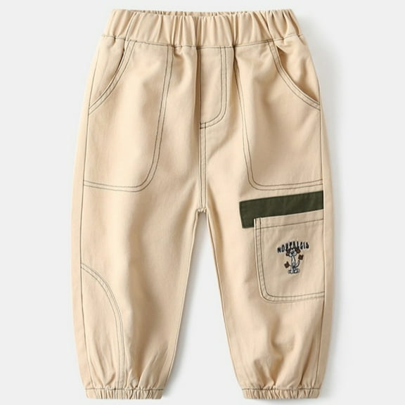 Tfken Pants For Boys Toddler Size 3-4 Years Cartoon Print Elastic Waist Full-Length Fashion 2025 Pocket Trousers Beige
