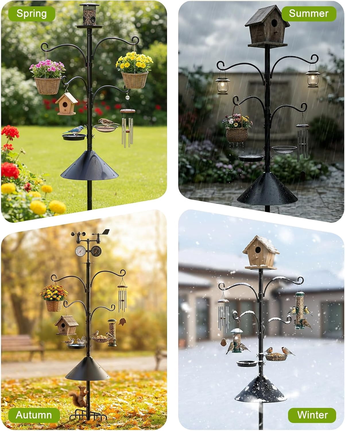 Bird Feeder Pole, 93" Shepherds Hooks Squirrel Proof for Outdoor, Adjustable Heavy Duty Birdhouse Pole Smart Feeder Stand with 4 Hooks & 9 Prongs Base & Squirrel Baffle for Hanging Plant,Garden Decor
