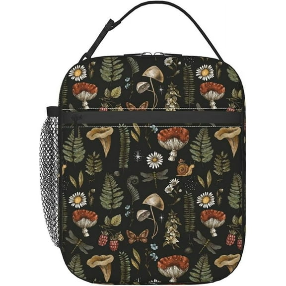 Lunch Box Vintage Mushroom Leaf Forest Insulated Bag Reusable with Side Pocket for Work Picnic Hiking Daytrip
