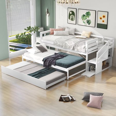 Twin Size Loft Bed with Stairs  Solid Wood Daybed with Double Trundle and Flexible Shelf  Modern 3-in-1 Beds Frame with Sturdy Slats Support for Living Room Bedroom  White